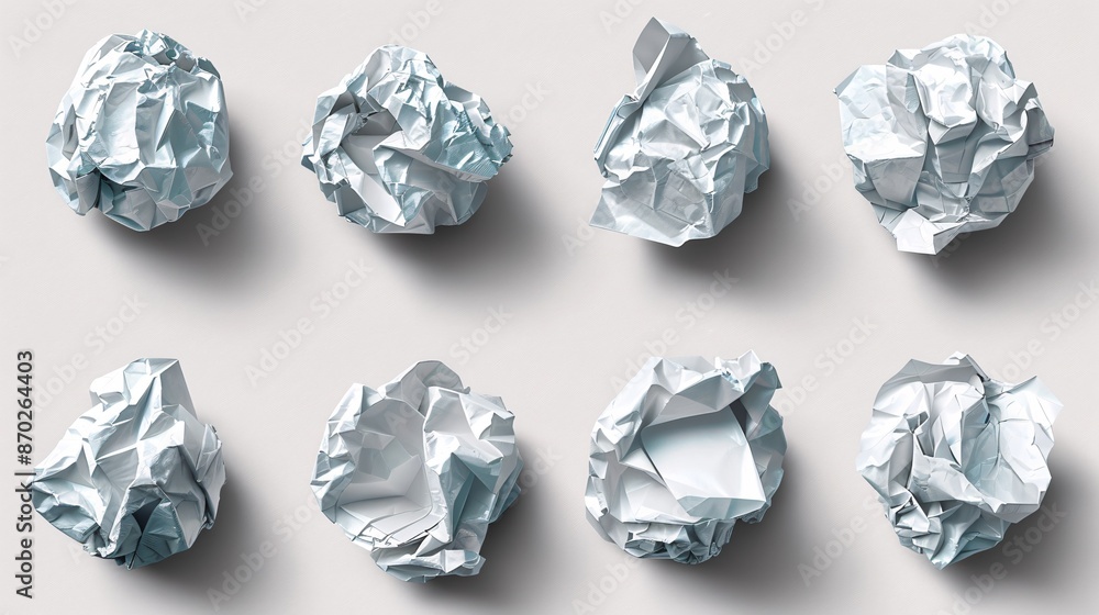 Recycled crumpled paper balls, representing failed ideas, on a textured sheet or bag. Recycled crumpled paper balls, representing failed ideas, on a textured sheet or bag.