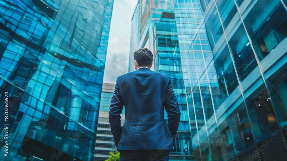 A suited businessman stands gazing at the towering glass buildings reflecting the clear blue sky, depicting corporate ambition A suited businessman stands gazing at the towering glass buildings reflecting the clear blue sky, depicting corporate ambition