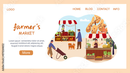 Landing page farmer's market, with booths, trading local products, shoppers, vendors.