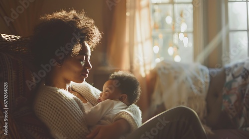 A serene image of a mother breastfeeding her baby in a cozy home setting, celebrating World Breastfeeding Week. The room is softly lit, creating a warm and nurturing atmosphere.