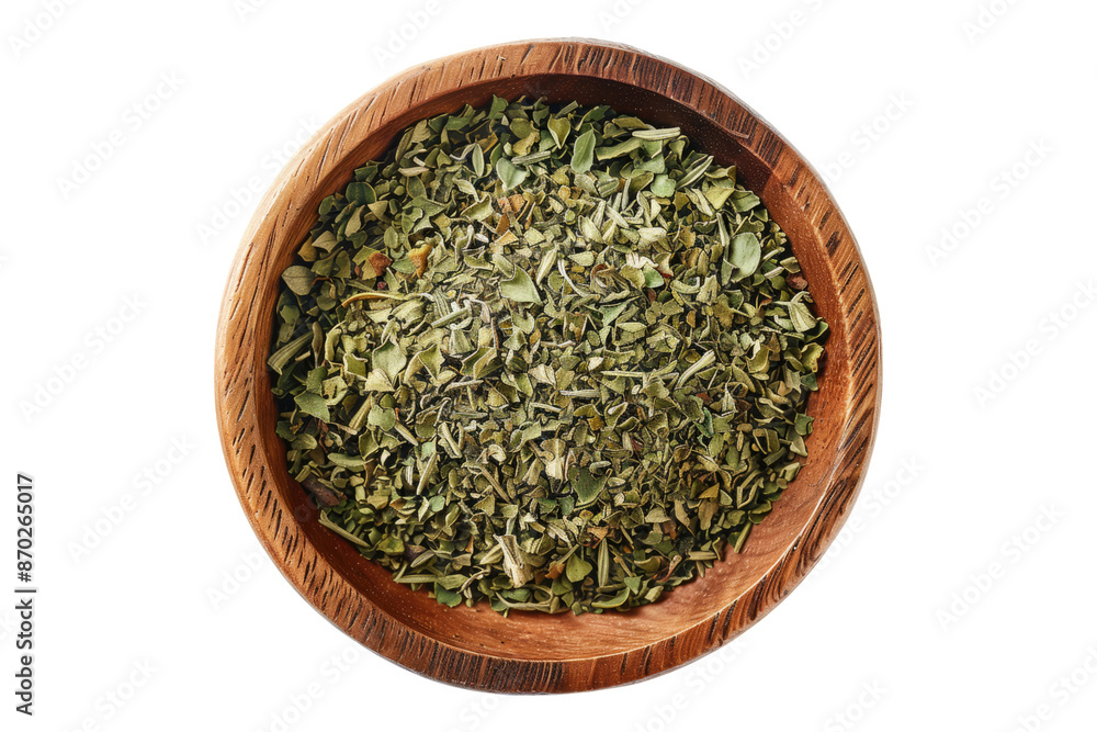 Dried oregano in wooden bowl isolated on transparent background Dried oregano in wooden bowl isolated on transparent background