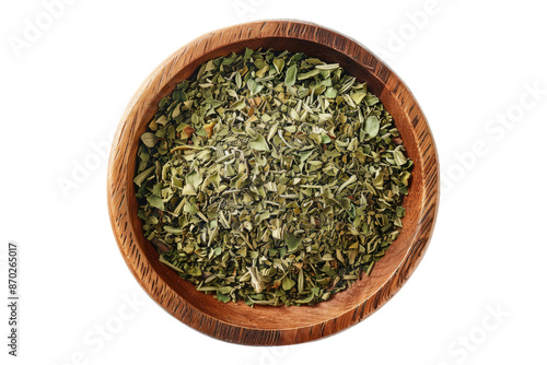 Dried oregano in wooden bowl isolated on transparent background