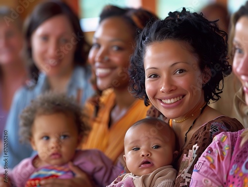 A diverse group of mothers holding their babies in a friendly group environment.