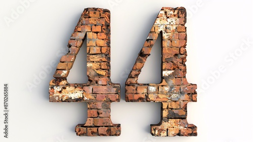 A numerical symbol 44 created from aged, rough brick wall texture on a plain white backdrop in a 3D image. photo