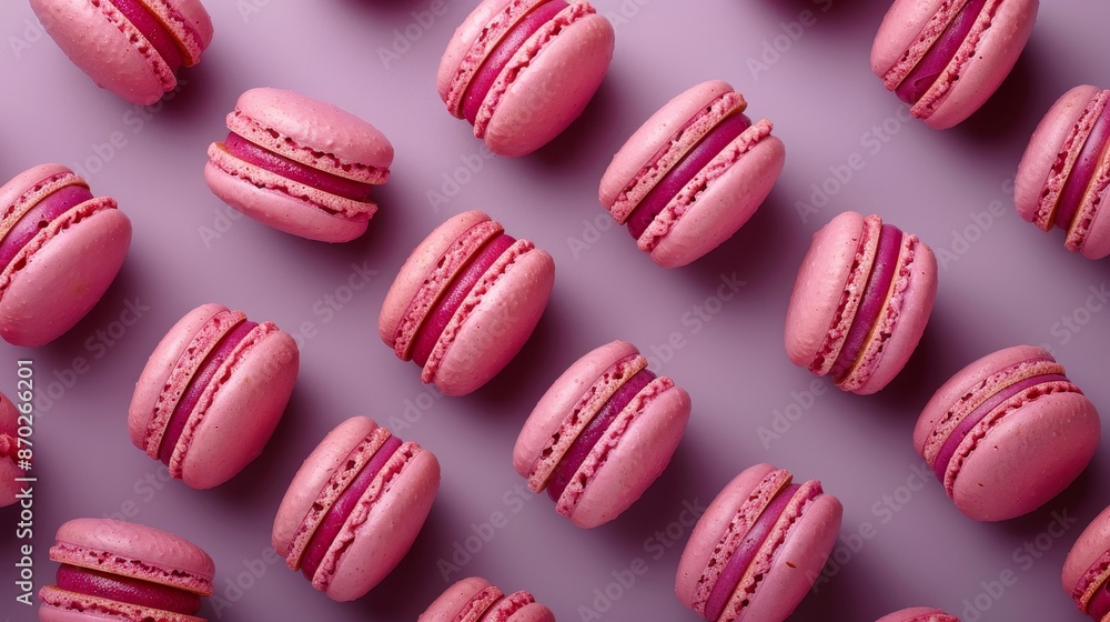 Obraz premium French macaroons on color background, parisian chic cafe dessert, sweet food and cake macaron for luxury confectionery brand,Pastry, bakery and branding concept.