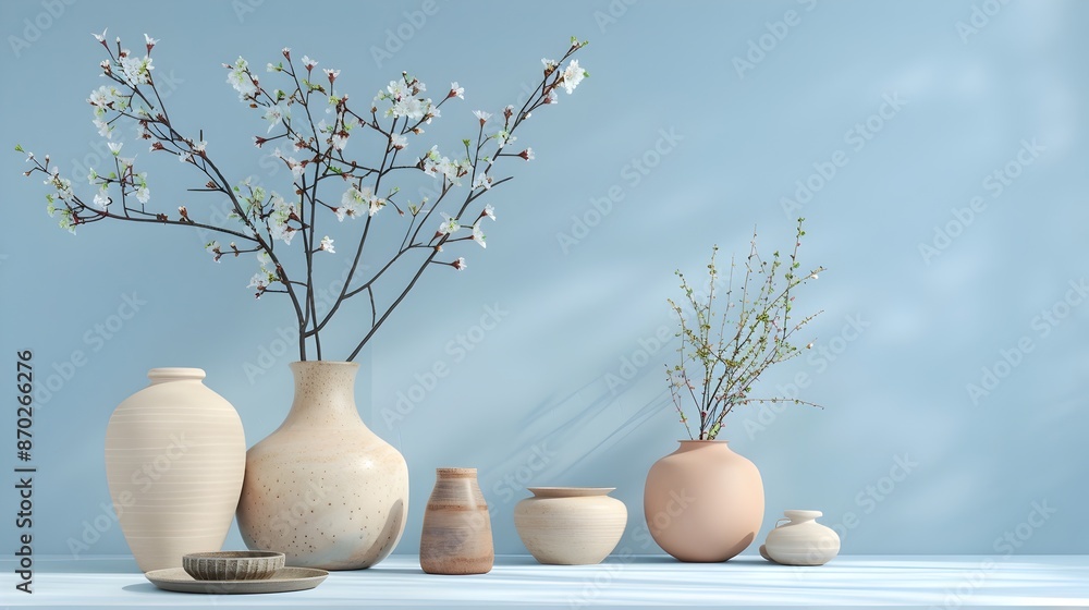 Handcrafted Pottery and Ceramics on Serene Sky Blue Background Handcrafted Pottery and Ceramics on Serene Sky Blue Background