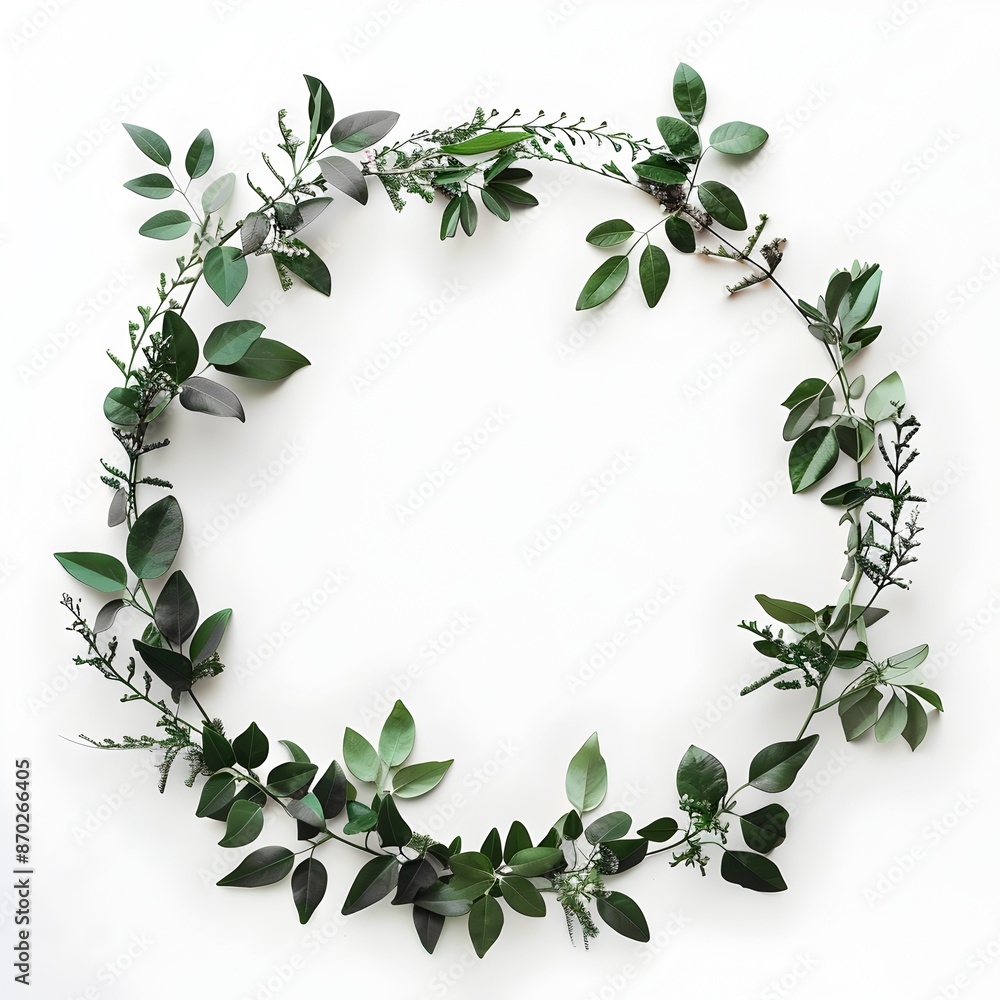 Elegant Botanical Wreath Frame on White Background with Lush Foliage Leaves and Floral Elements Elegant Botanical Wreath Frame on White Background with Lush Foliage Leaves and Floral Elements