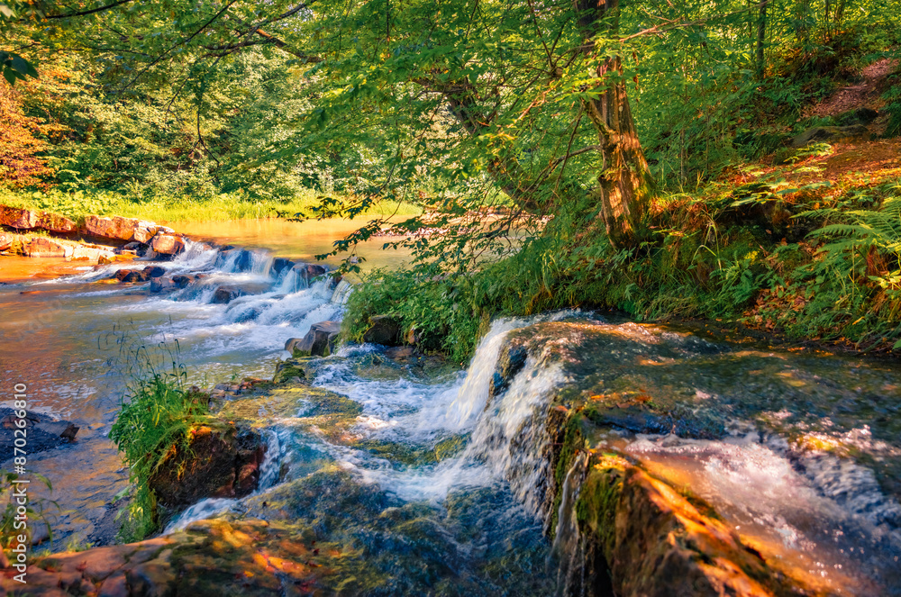 Magnificent summer scene of Pid Skelyamy waterfall. Superb morning view of Sukel' River. Perfect landscape of Carpathian mounatains, Ukraine, Europe. Beauty of nature concept background.