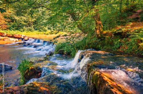 Obraz na płótnie Magnificent summer scene of Pid Skelyamy waterfall. Superb morning view of Sukel' River. Perfect landscape of Carpathian mounatains, Ukraine, Europe. Beauty of nature concept background. w salonie