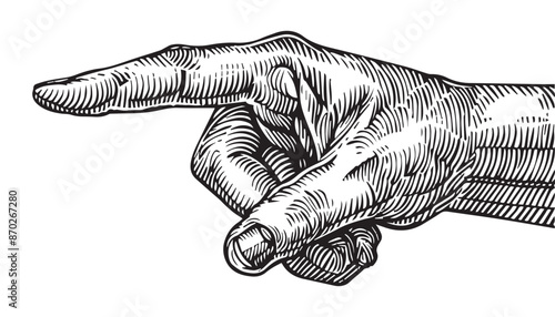 hand drawn Black and White Vector Illustration of Pointing Hand in Vintage Engraving Style