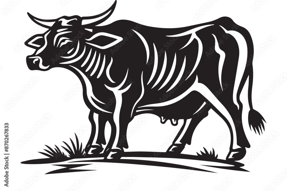 Fototapeta premium hand drawn Black and White Vector Illustration of bull in Vintage Engraving Style