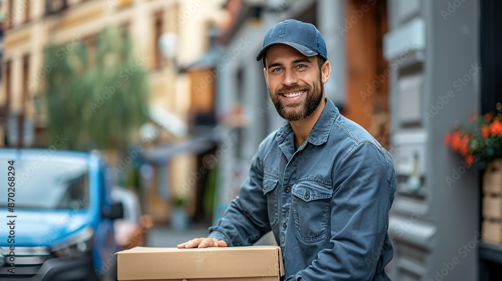A youthful courier is pushing a trolley loaded with parcels. A youthful courier is pushing a trolley loaded with parcels.