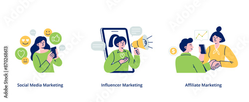 Concepts with influencers. Content manager, social media promotion, and affiliate marketing. Trendy vector flat illustrations isolated on a white background.