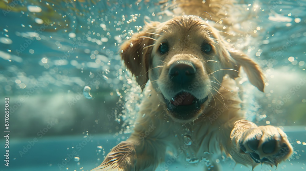 Underwater funny photo of golden labrador retriever puppy in swimming pool play with fun - jumping, diving deep down. Actions, training games with family pets and popular dog breeds on summer vacation Underwater funny photo of golden labrador retriever puppy in swimming pool play with fun - jumping, diving deep down. Actions, training games with family pets and popular dog breeds on summer vacation