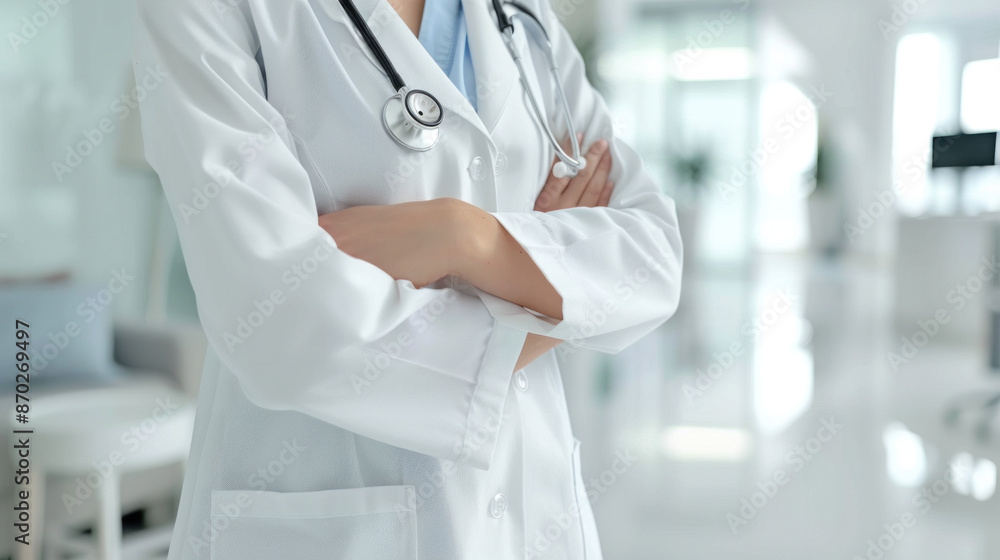 A woman in a white lab coat is standing in a room with a white floor. She is wearing a stethoscope around her neck A woman in a white lab coat is standing in a room with a white floor. She is wearing a stethoscope around her neck