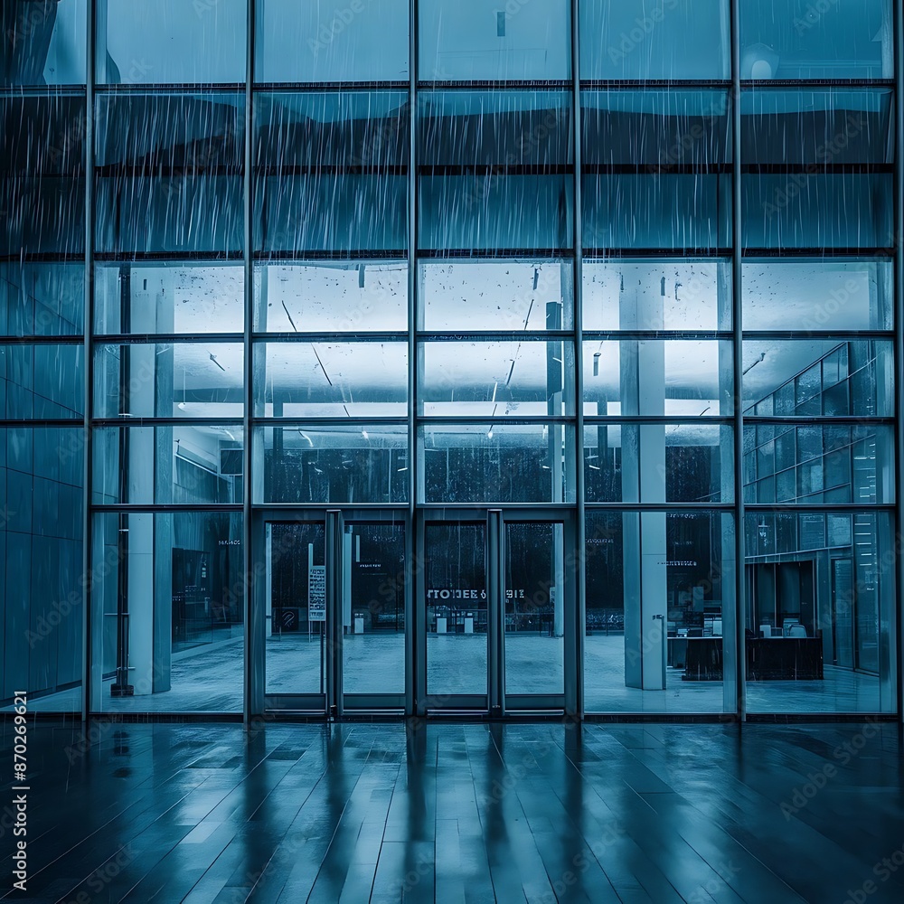 Image of rain falling on large windows of a building Image of rain falling on large windows of a building