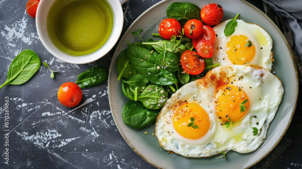 Fried eggs with fresh spinach and cherry tomatoes, served on a rustic plate with a cup of olive oil Fried eggs with fresh spinach and cherry tomatoes, served on a rustic plate with a cup of olive oil