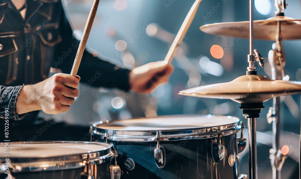 Obraz premium Close-Up of a Drummer's Hands Playing a Drum Set