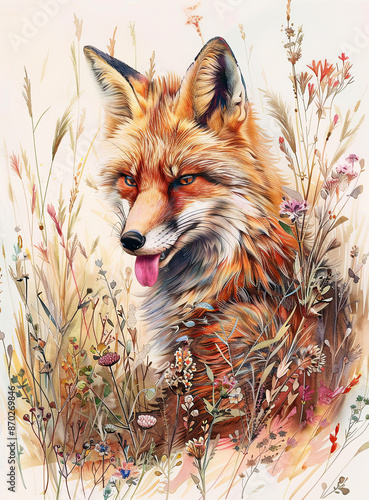 Fox in the grass. Illustration On The Theme Of Animals Art, Painting