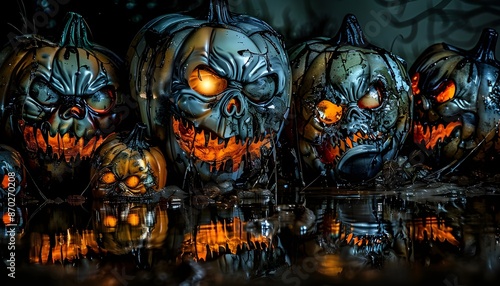 Glowing Jack-o'-Lanterns With Ghastly Expressions in a Dark Forest photo