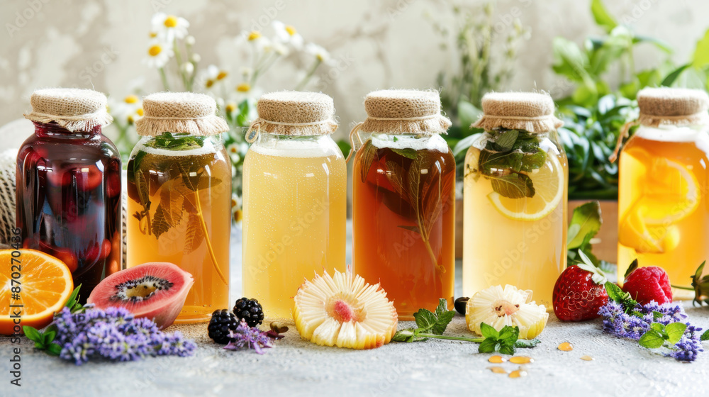 Assorted jars of different flavored herbal teas and fresh fruits on a rustic table with flowers Assorted jars of different flavored herbal teas and fresh fruits on a rustic table with flowers