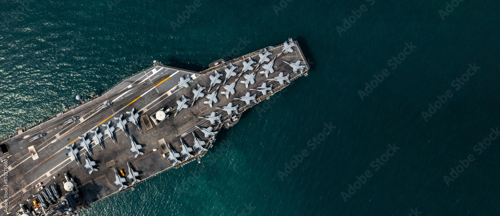 Aerial view military nuclear ship navy ship carrier full loading fighter jet aircraft, Aircraft carrier nuclear warship battleship, Military nuclear ship on the ocean.