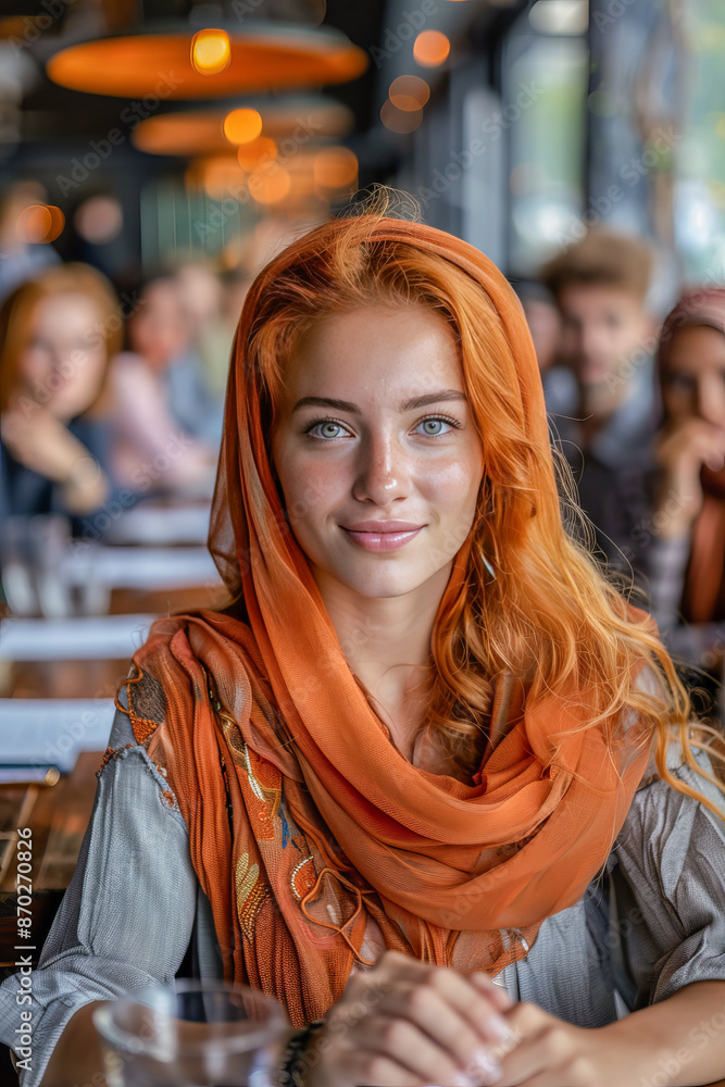 Young businesswoman wearing an orange scarf smiling during a multicultural business meeting Young businesswoman wearing an orange scarf smiling during a multicultural business meeting