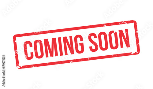 Coming soon square red rubber stamp grunge vintage isolated on white. For icon, logo, label, insigna, seal, tag, sign, seal, symbol, badge, sticker, emblem, banner, etc. Vector Illustration