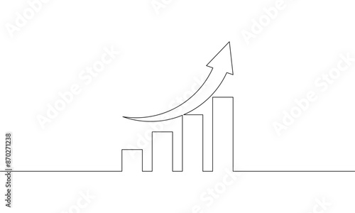 Continuous line drawig of graph. Bar chart with arrow up icon. Illustration vector of business growth. Single line art of increasing arrow. object one line of sign symbol
