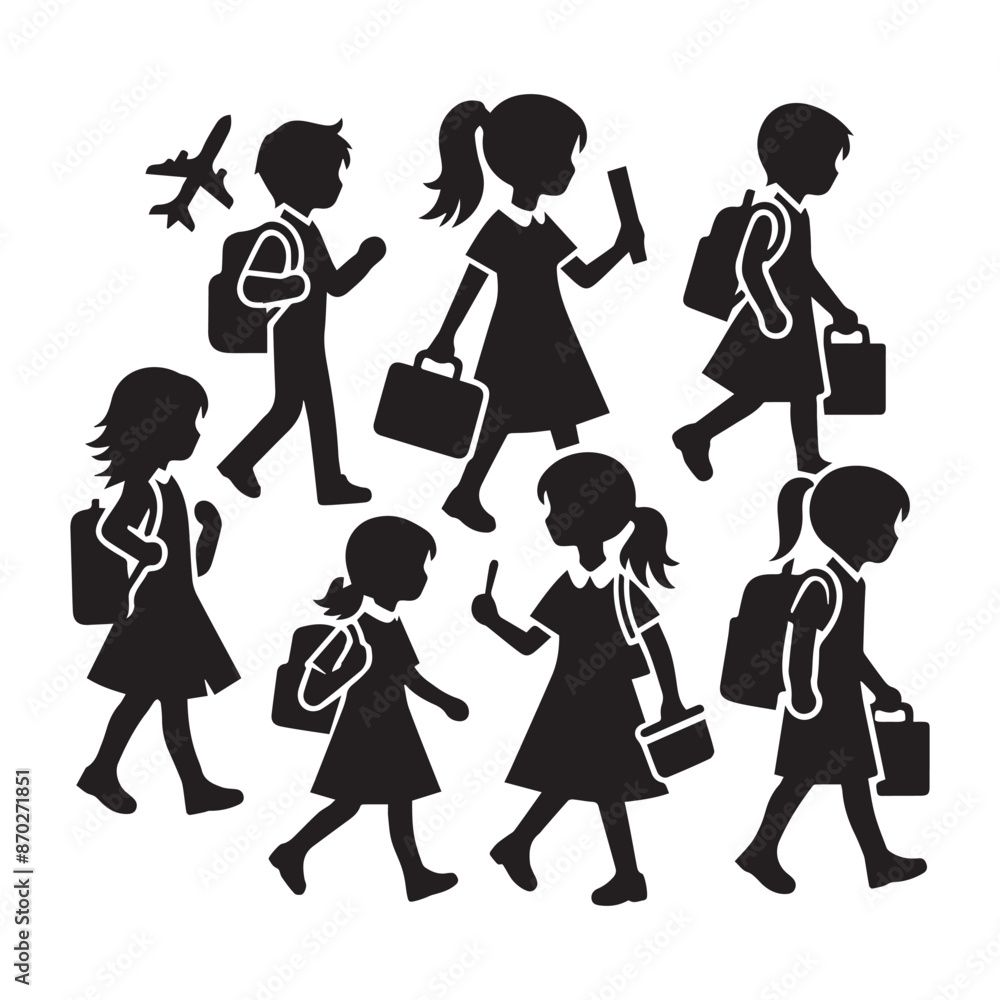 Black Silhouette Set of Adorable Cartoon Children in School Uniforms - Vector Illustration of Boys and Girls with School Bags Cute and Charming Students in Various Poses