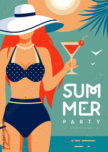 Retro flat summer disco party poster with girl in swimsuit and cosmopolitan cocktaill on beach background. Vector illustration
