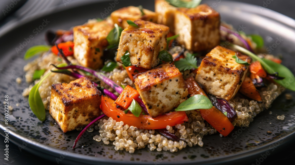 Grilled tofu salad with quinoa, bell peppers, red cabbage, and mixed greens on a black plate Grilled tofu salad with quinoa, bell peppers, red cabbage, and mixed greens on a black plate