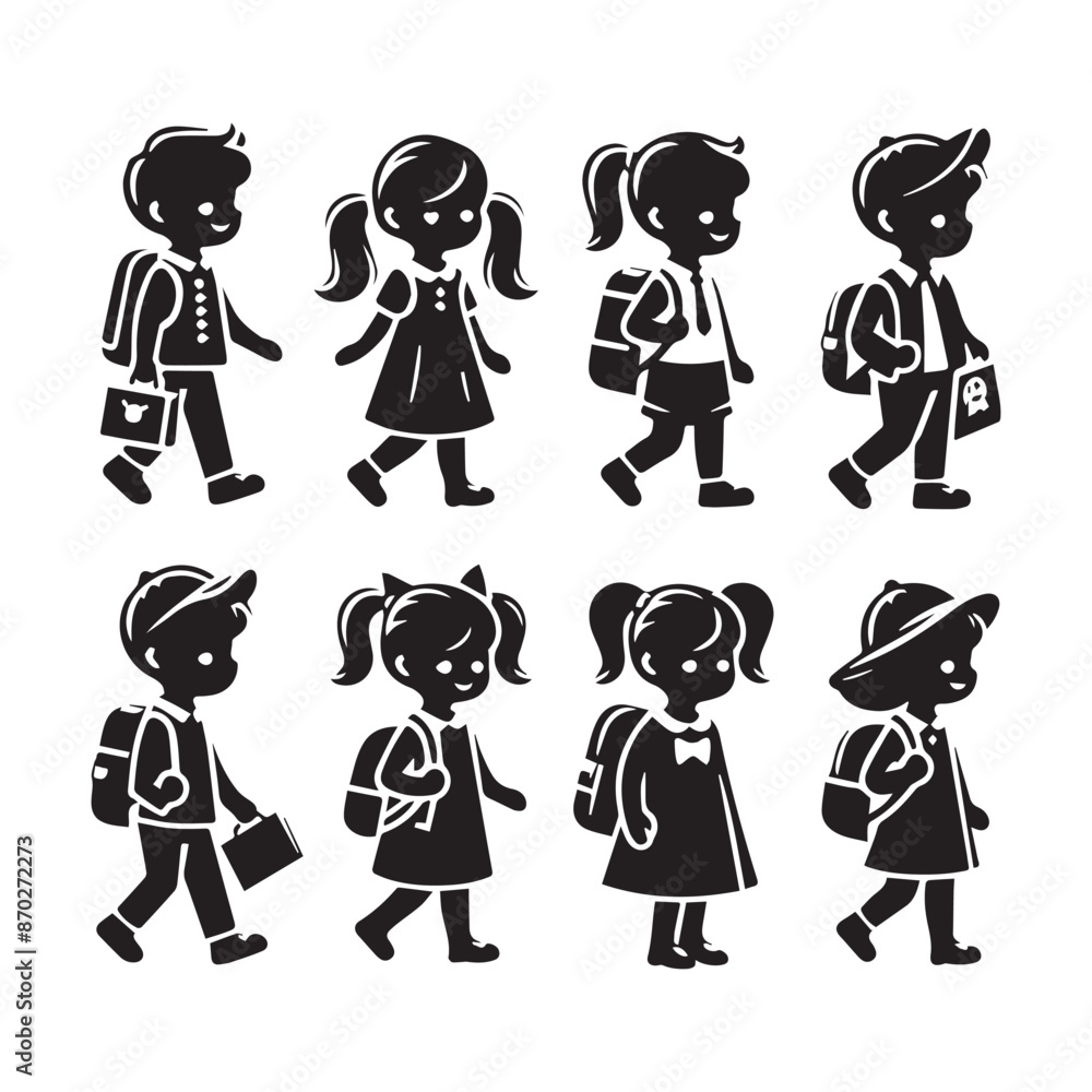 Black Silhouette Set of Adorable Cartoon Children in School Uniforms - Vector Illustration of Boys and Girls with School Bags Cute and Charming Students in Various Poses Black Silhouette Set of Adorable Cartoon Children in School Uniforms - Vector Illustration of Boys and Girls with School Bags Cute and Charming Students in Various Poses