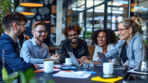 A group of young professionals are sitting around a table in a modern office space. They are all smiling and laughing, and it is clear that they are enjoying their work. The image is taken from a photo