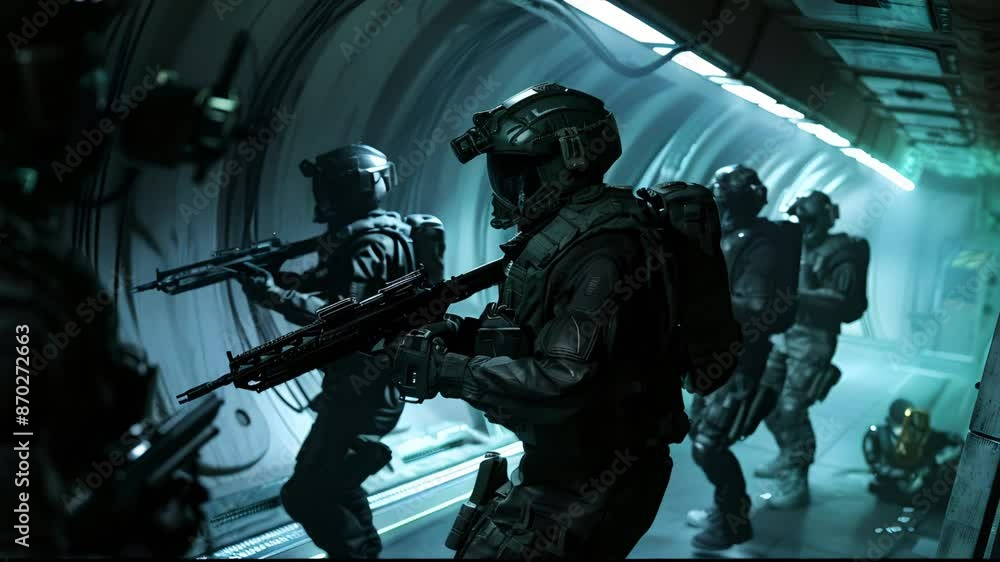 Soldiers ready in a shadowy tunnel Soldiers ready in a shadowy tunnel