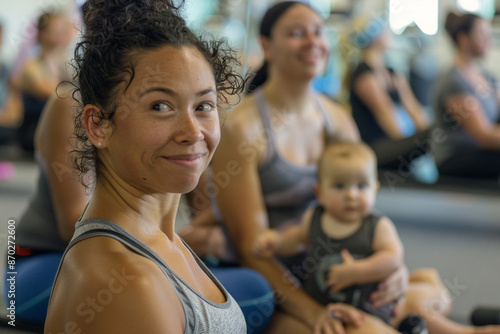 Portrait of New Mom in Group Exercise Class: Moms Staying Active and Bonding with Babies in Gym
