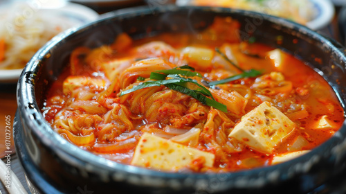 Spicy Korean Kimchi Stew with Tofu and Vegetables in a Hot Stone Pot
