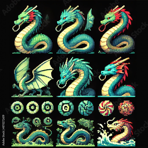 Detailed pixel art sprite sheet of RPG icons with Mizuchi theme