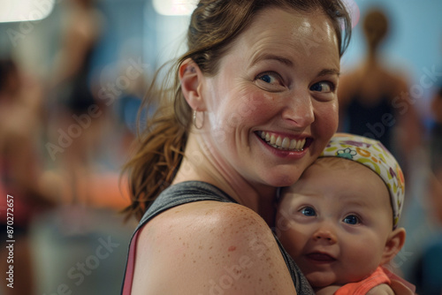Portrait of New Mom in Group Exercise Class: Moms Staying Active and Bonding with Babies in Gym
