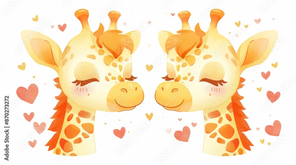 Obraz premium Adorable Cartoon Giraffe Pair in Love with Pink Hearts on White Background