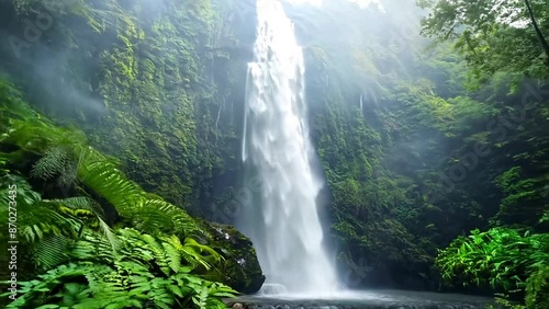 Pushing towards a waterfall in the Costa Rican rainforest amid ferns and moss on a misty morning.