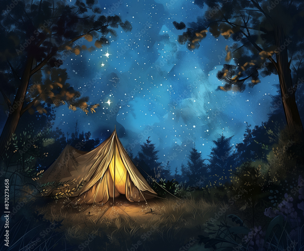 Echoed Haven: A Petite Fabric Tent in a Secluded Grove Under Starlit Skies Echoed Haven: A Petite Fabric Tent in a Secluded Grove Under Starlit Skies