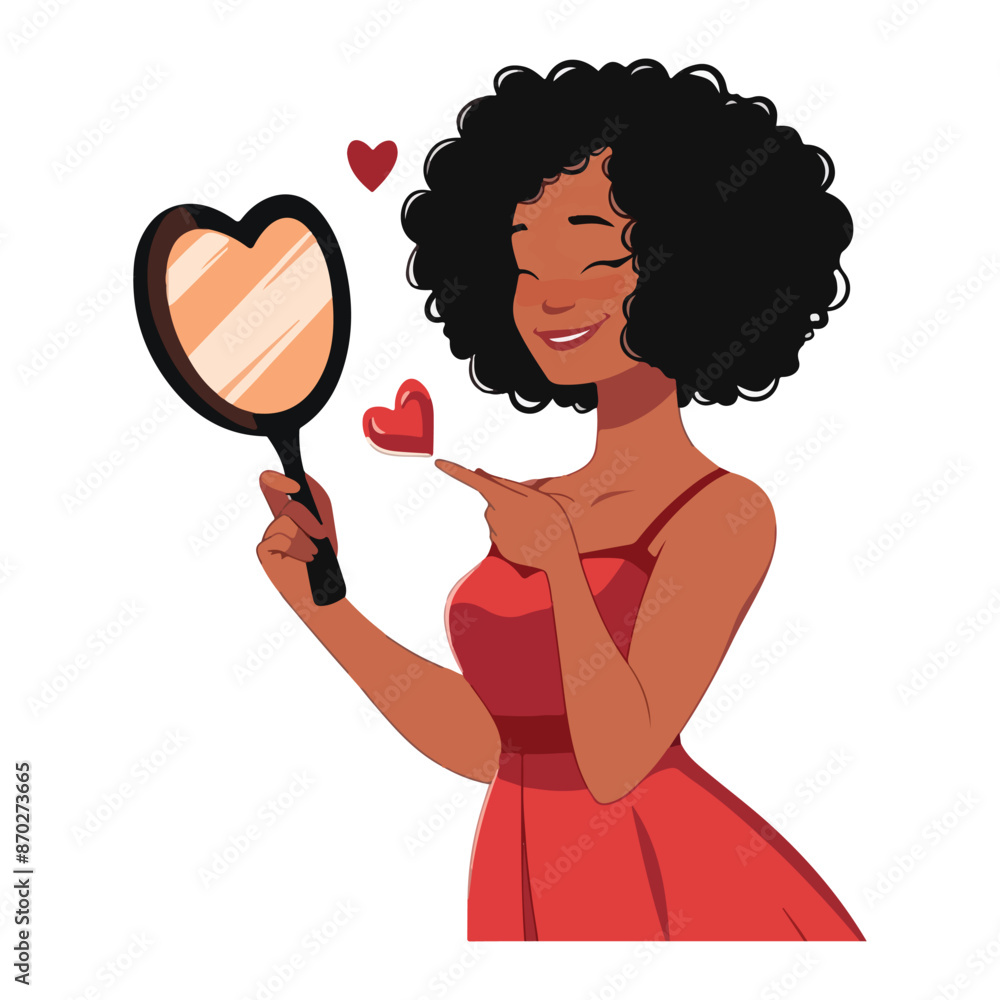 Woman holding heart-shaped mirror with love symbols and smiling vector illustration Woman holding heart-shaped mirror with love symbols and smiling vector illustration