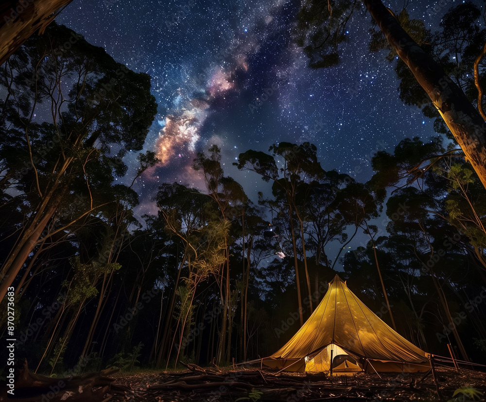 A Petite Fabric Tent in a Hidden Grove Beneath a Starry Sky A Petite Fabric Tent in a Hidden Grove Beneath a Starry Sky