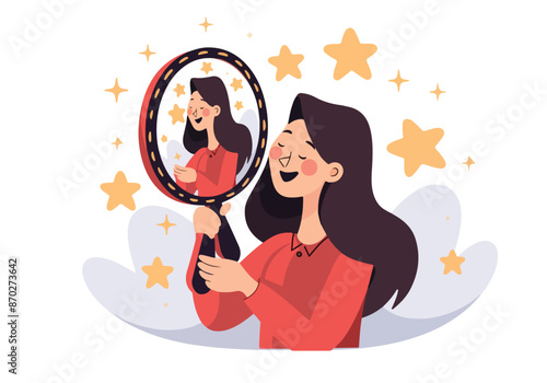 Woman smiling at her reflection in mirror with stars and happy expression vector illustration