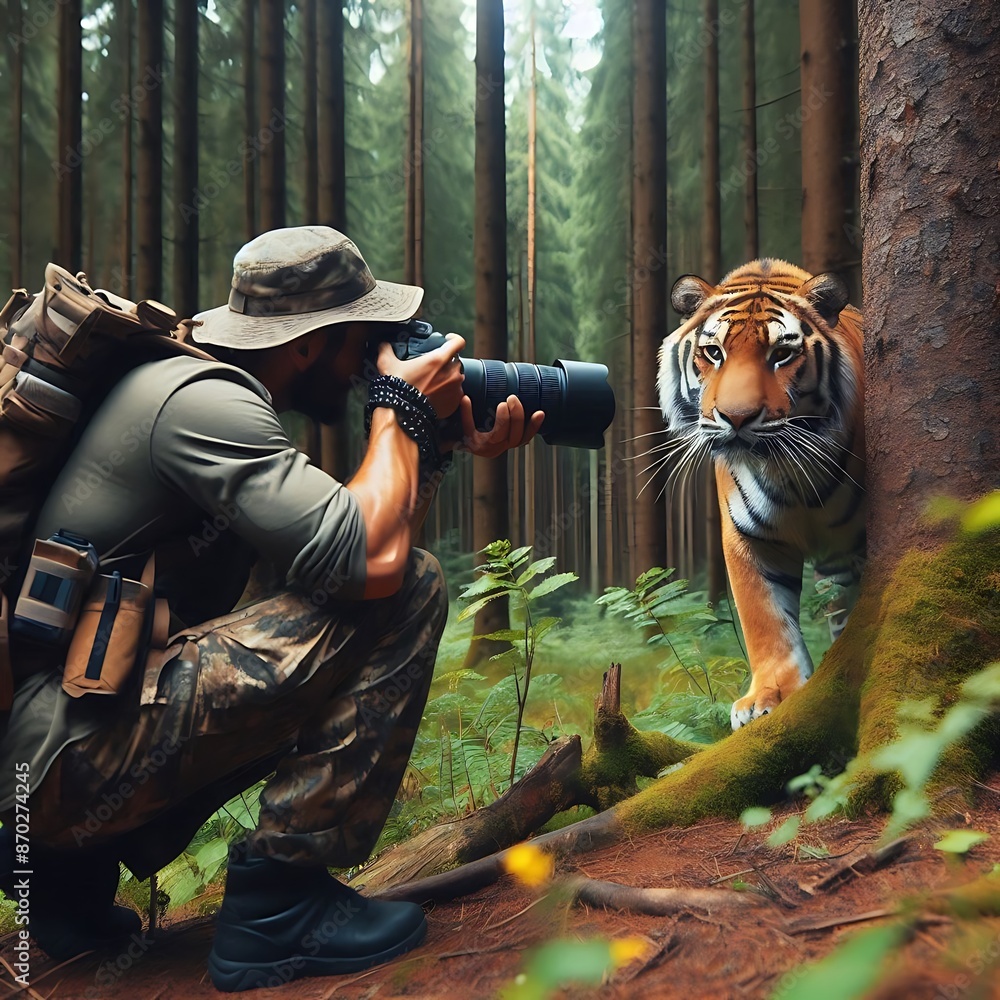Fototapeta premium A man is photographing a tiger