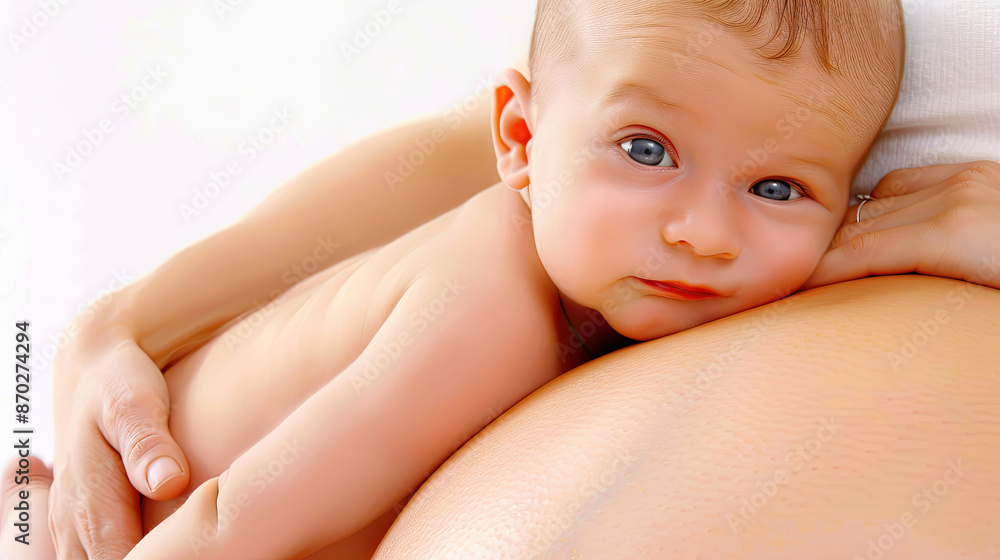 A baby is laying on a woman's stomach A baby is laying on a woman's stomach