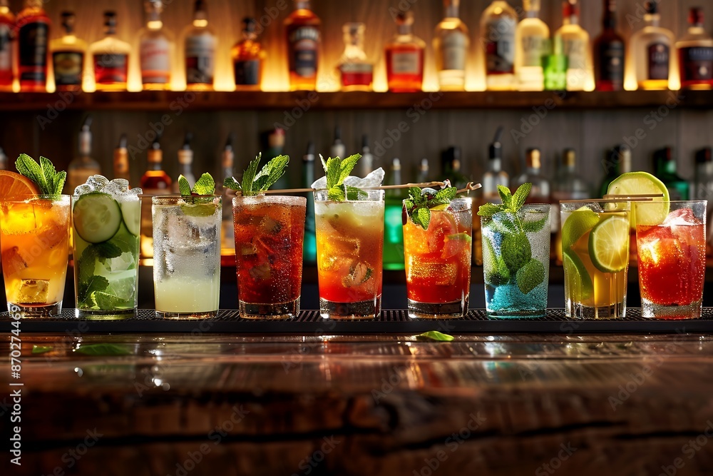 Cocktail drink set on bar counter in modern club or restaurant, collection of different cocktails with ice cubes and garnishes, closeup. front view Cocktail drink set on bar counter in modern club or restaurant, collection of different cocktails with ice cubes and garnishes, closeup. front view