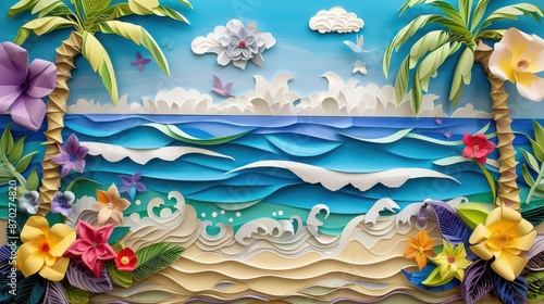 A highdetail, vibrant beach scene crafted from paper art, with waves, palm trees, and flowers surrounding the scene Whimsical, paper art, bright colors, playful, tropical feeling