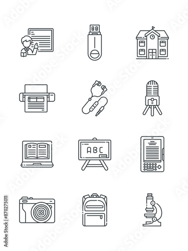  Education, Gaming Headphones, In ear Headphones, Microphone, set of icons, vector illustration